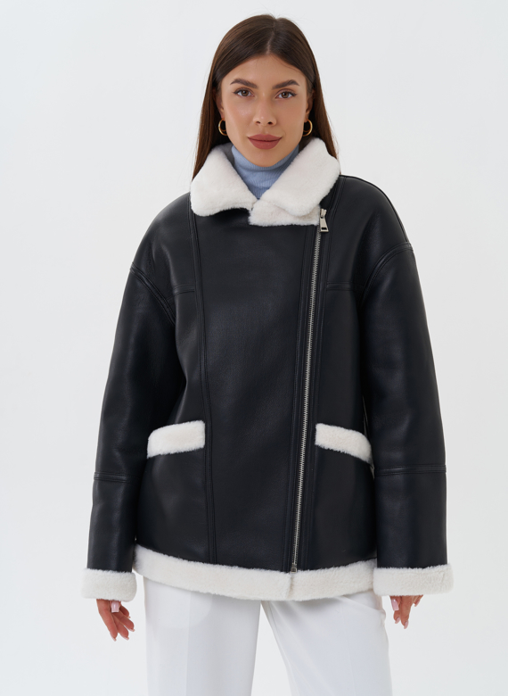 Дубленка из эко кожи черного цвета с черным эко мехом