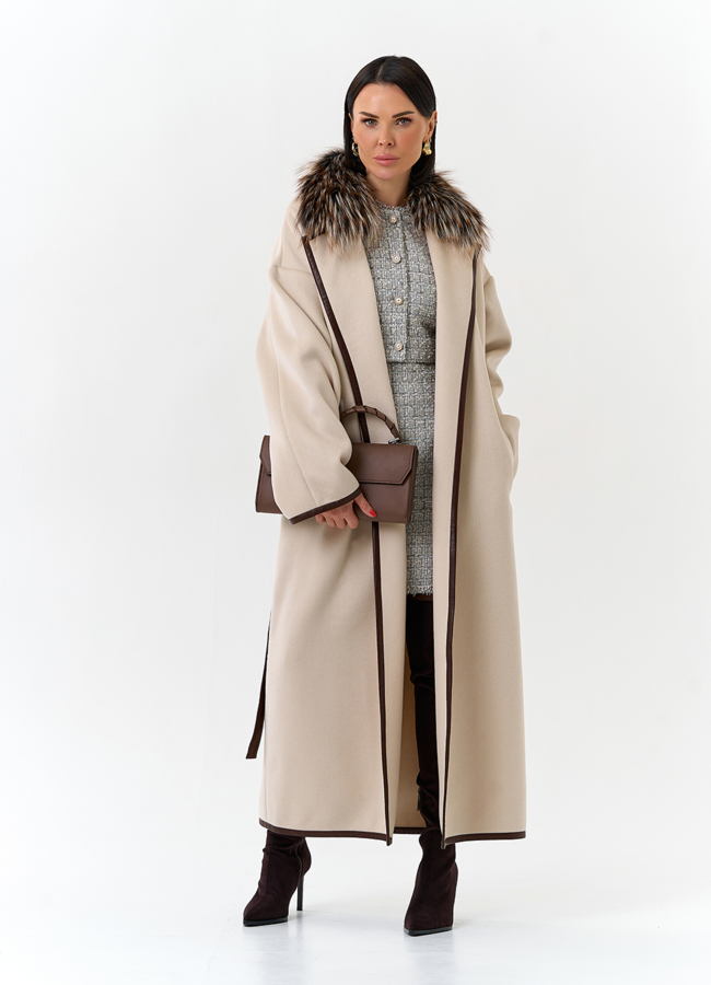 Женское длинное пальто с отделкой из меха лисы модель № 32650 универмаг малина