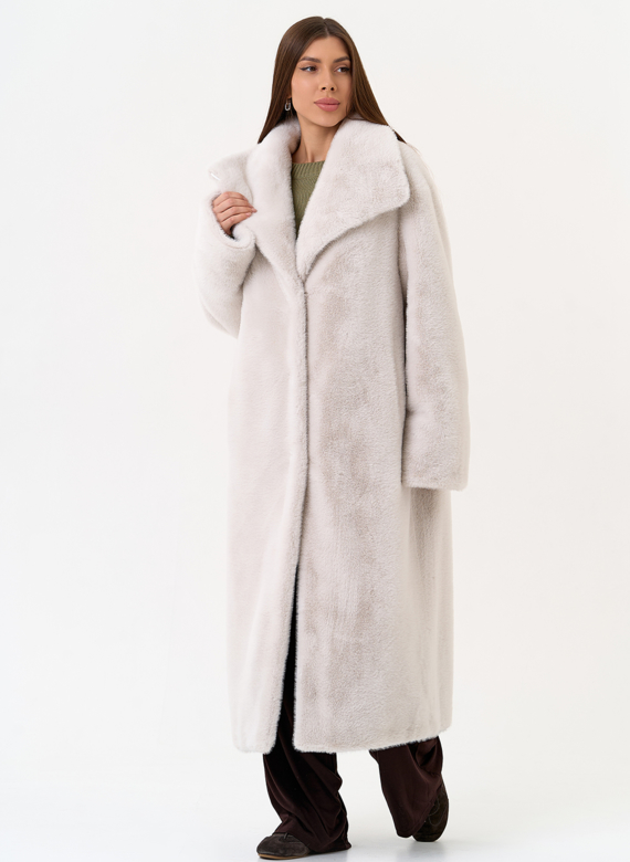 Длинная шуба из эко меха с отложным воротником