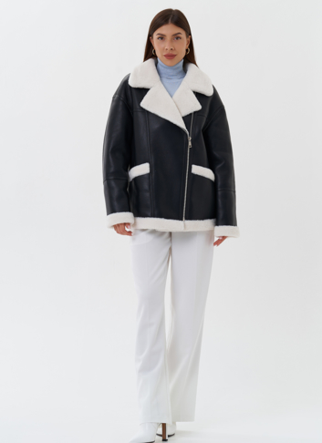 Дубленка из эко кожи черного цвета с черным эко мехом