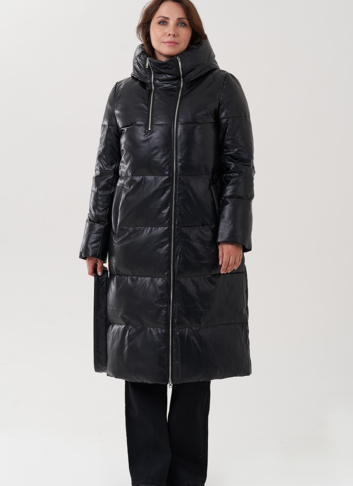 Женский пуховик из эко кожи с капюшоном