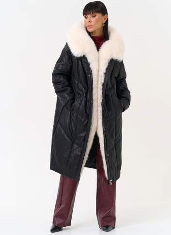 Женский пуховик из эко кожи со съемным эко мехом