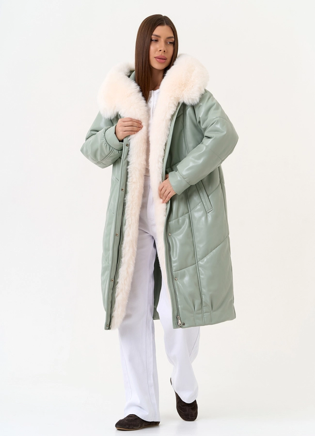 фото Женский пуховик из эко кожи с отделкой из эко меха модель № 30719