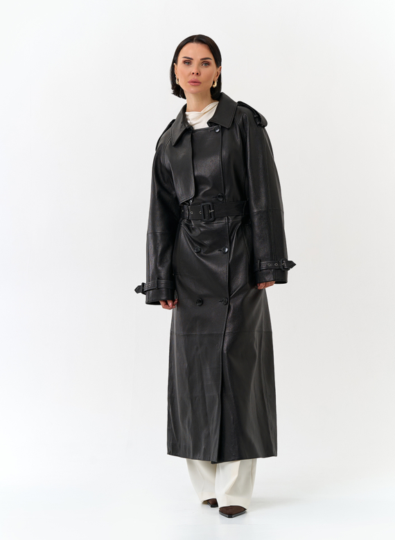 Женский длинный плащ из натуральной кожи