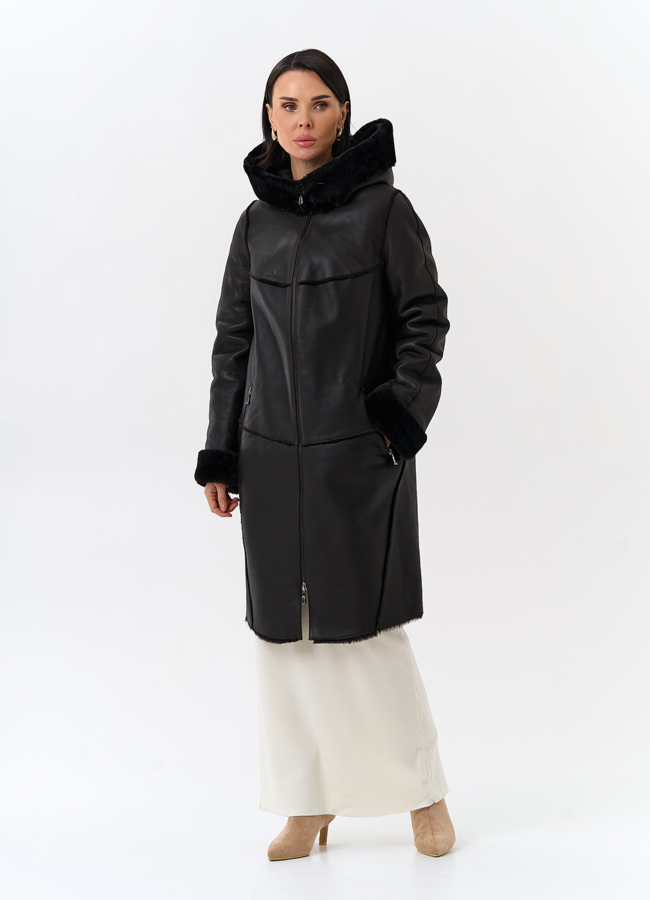 Женская натуральная дубленка с капюшоном модель № 32199 в рассрочку