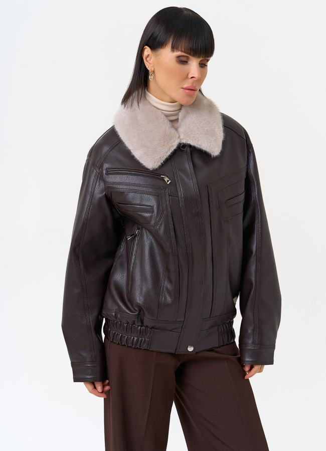 Женская утепленная куртка из эко кожи с воротником из эко меха модель № 30701 универмаг малина