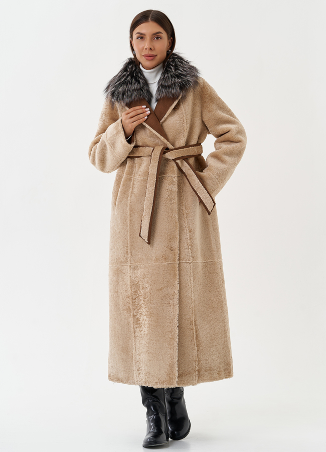 Двухсторонняя дубленка из эко кожи с мехом енота модель № 28562 меха малина