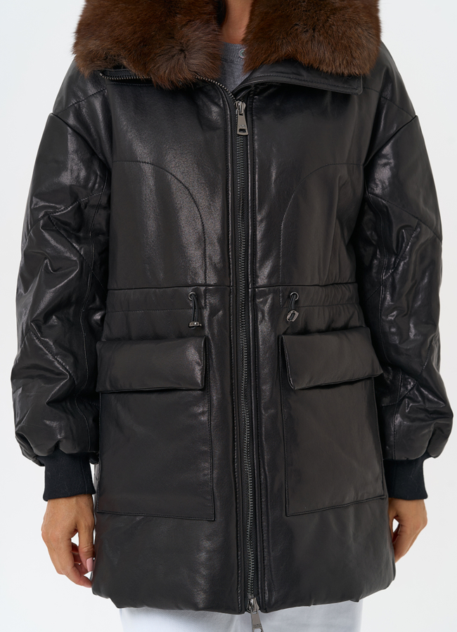 Полупальто из натуральной кожи с мехом песца модель № 21796 в рассрочку