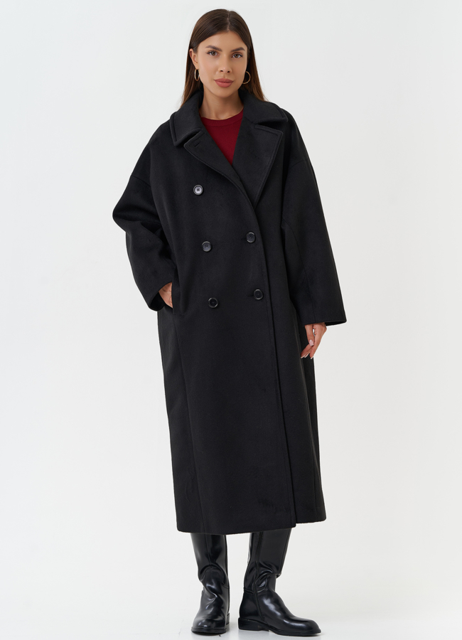 Длинное пальто черного цвета модель № 28101 меха малина