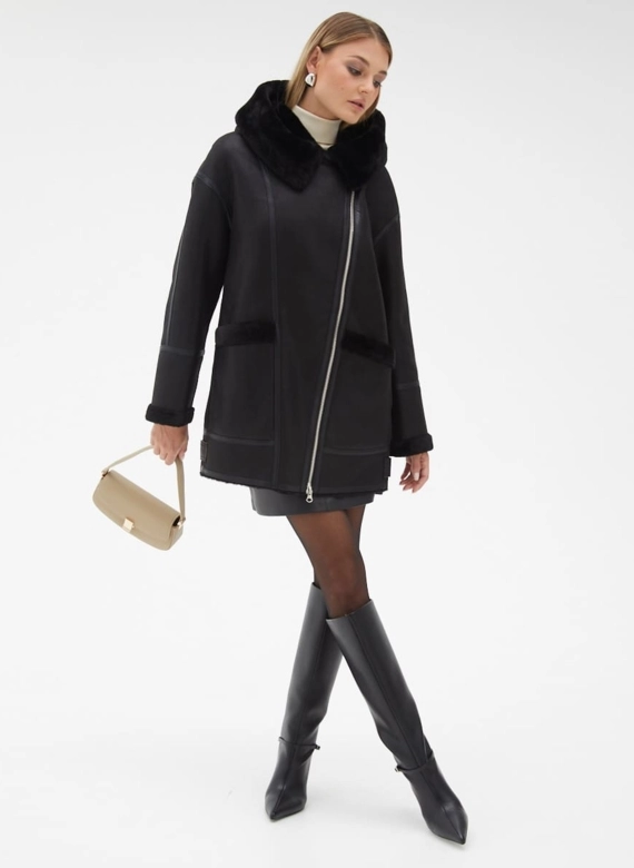 Женская удлиненная дубленка из эко кожи