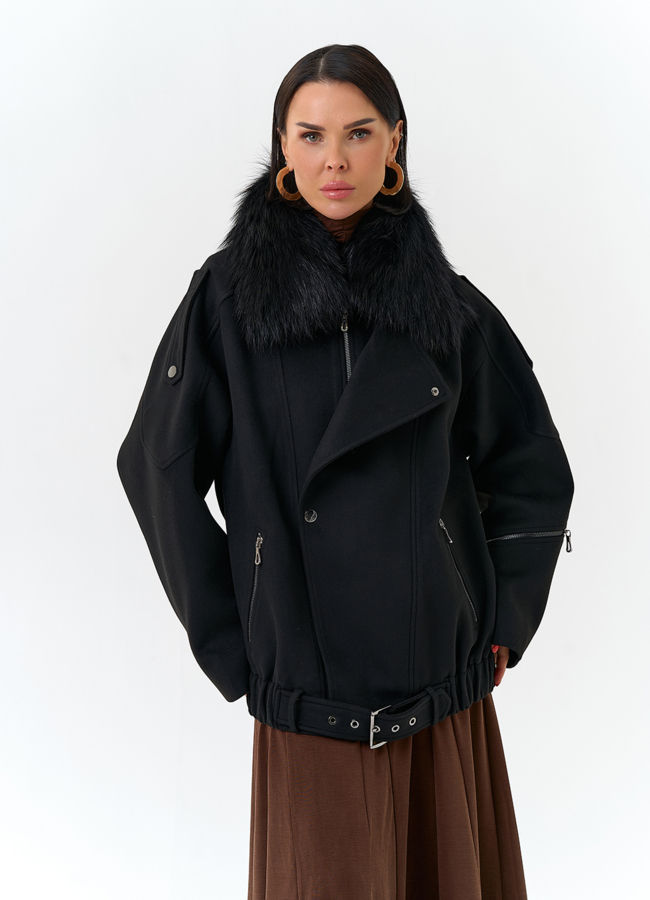 фото Женское укороченное пальто с отделкой из меха лисы модель № 32782