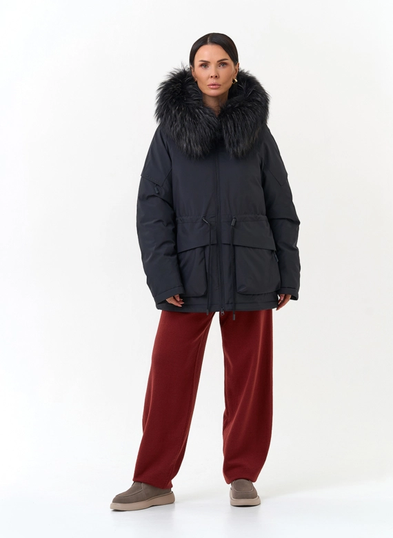 Женская куртка с мехом чернобурой лисы на капюшоне фото