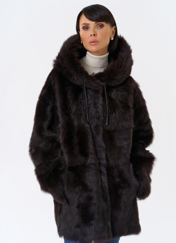 Женская двухсторонняя дубленка с капюшоном