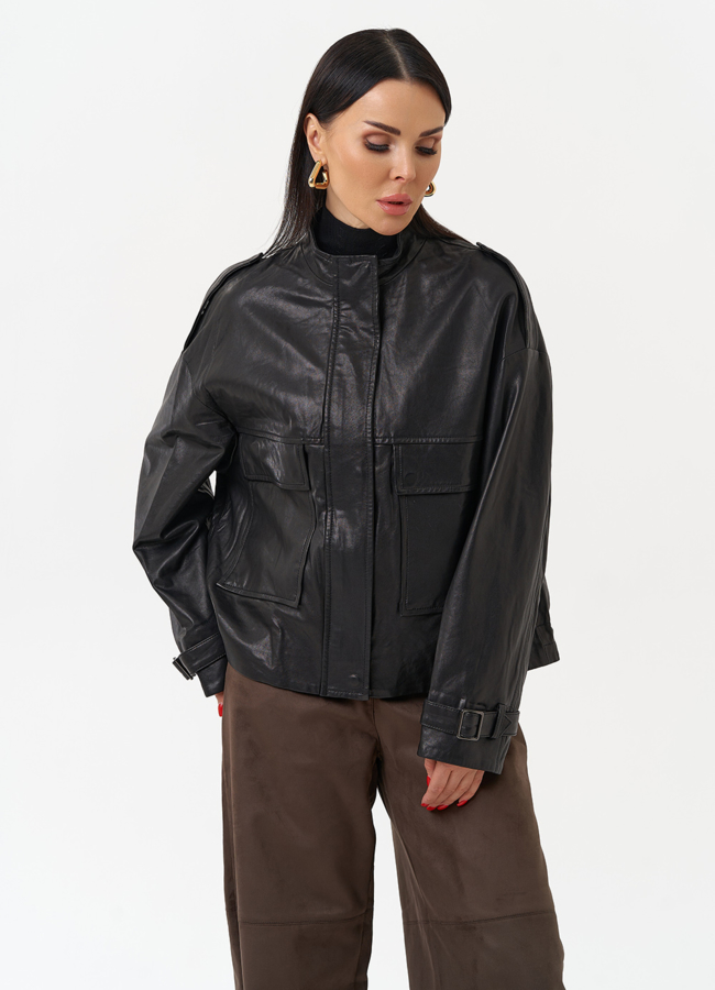 фото Женская куртка-рубашка из натуральной кожи  прямого силуэта модель № 22338