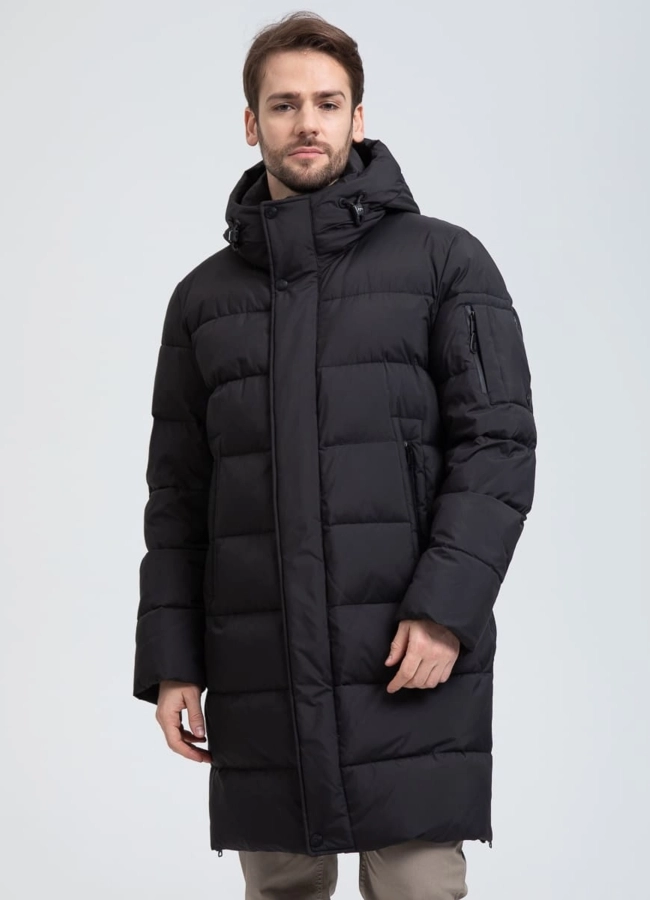 Мужской удлиненный пуховик с капюшоном модель № 32032 меха малина фото