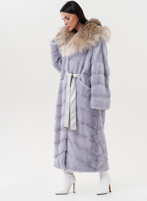 Женская норковая шуба с капюшоном из меха рыси