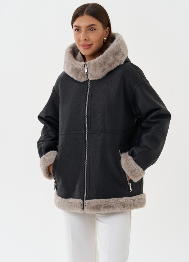 фото Женская эко дубленка с капюшоном модель № 27760