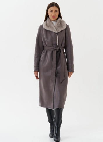 Длинная дубленка из эко кожи с воротником шаль