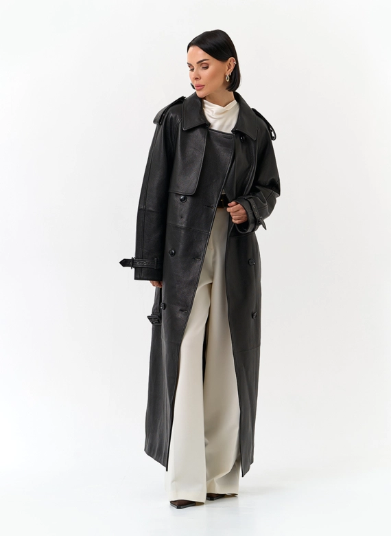 Женский длинный плащ из натуральной кожи фото