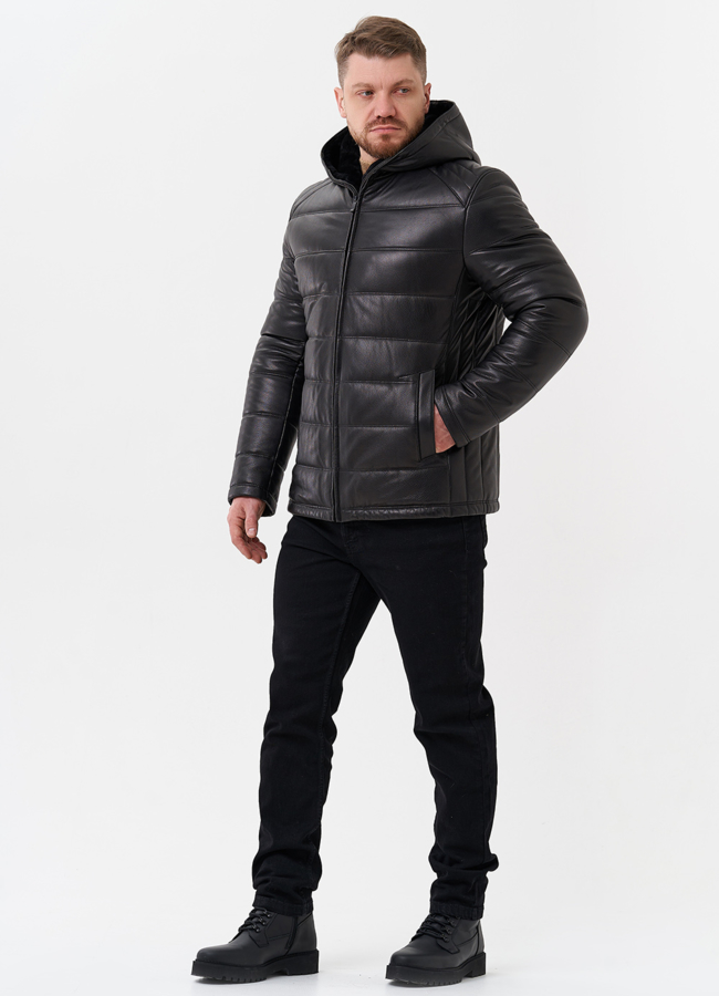 Пуховик из натуральной кожи с отделкой из мутона модель № 25453 в рассрочку