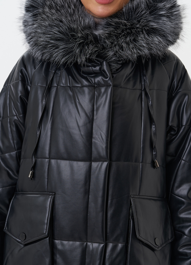 Пуховик из эко кожи с капюшоном из эко меха  модель № 27708 универмаг малина