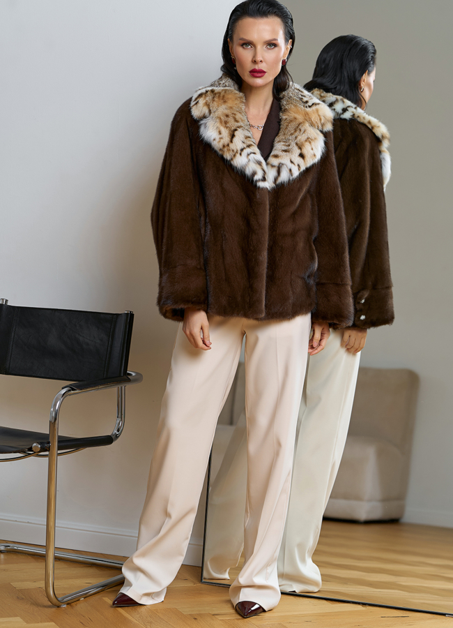 Куртка из меха норки с английским воротником из меха рыси модель № 31756 в кредит