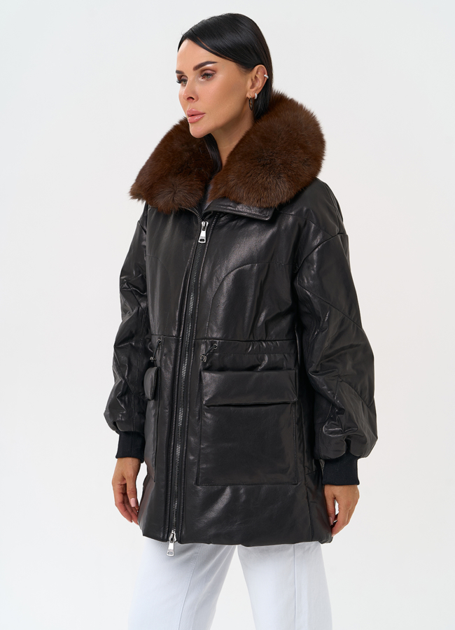 Полупальто из натуральной кожи с мехом песца модель № 21796 универмаг малина