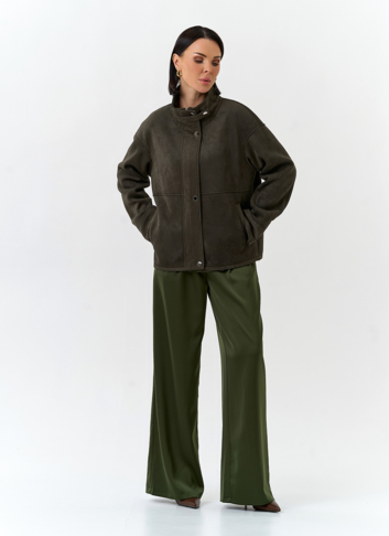 Женская дубленка из эко замши с воротником стойкой