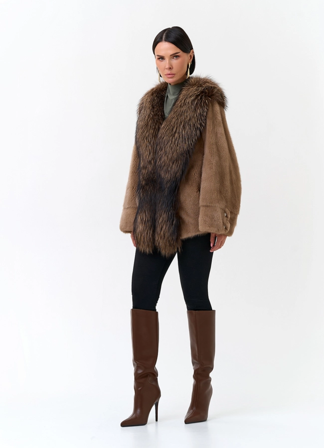 Куртка из норки с отделкой из меха чернобурки  модель № 24740 универмаг малина