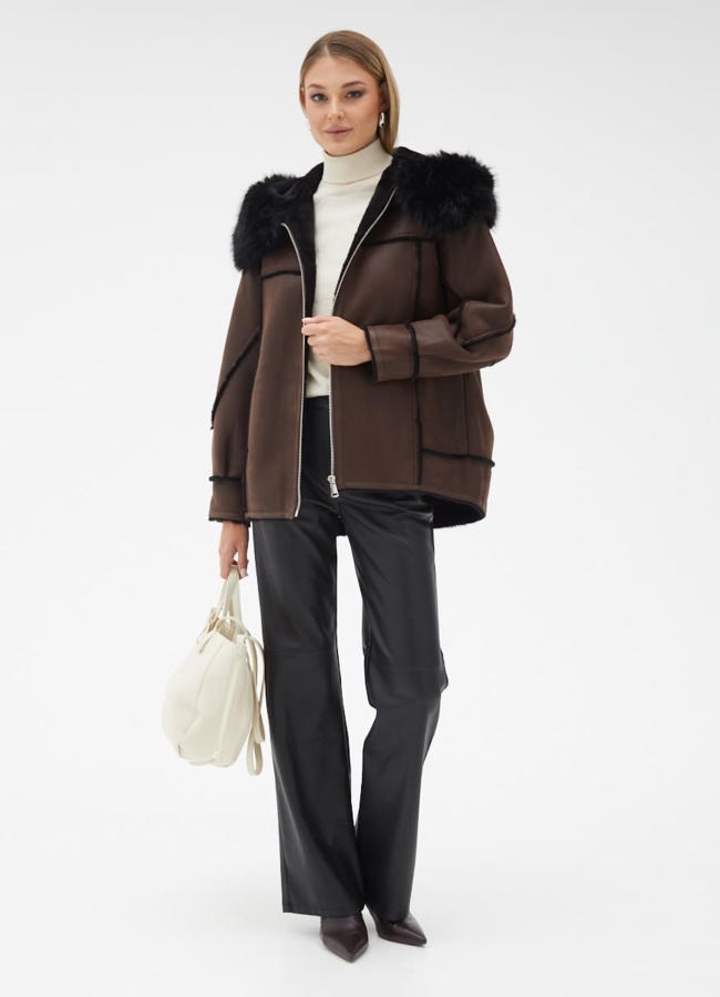 Женская дубленка из эко кожи с капюшоном модель № 32021 в рассрочку