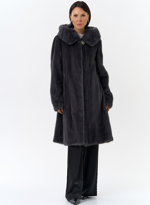 Норковая шуба годе/балетка в роспуск с капюшоном цвета графит