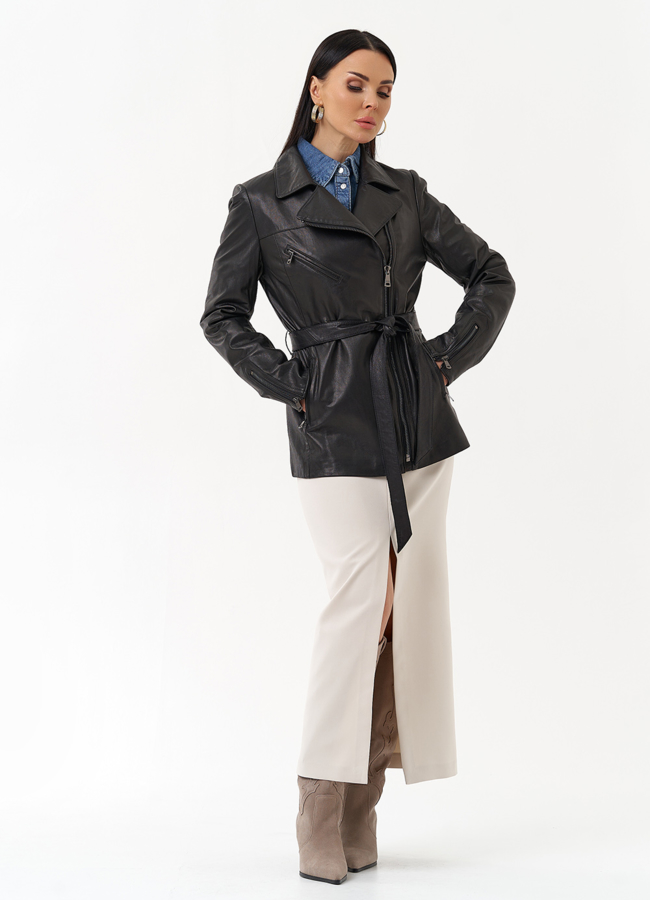 Кожаная куртка с поясом модель № 20501 в кредит
