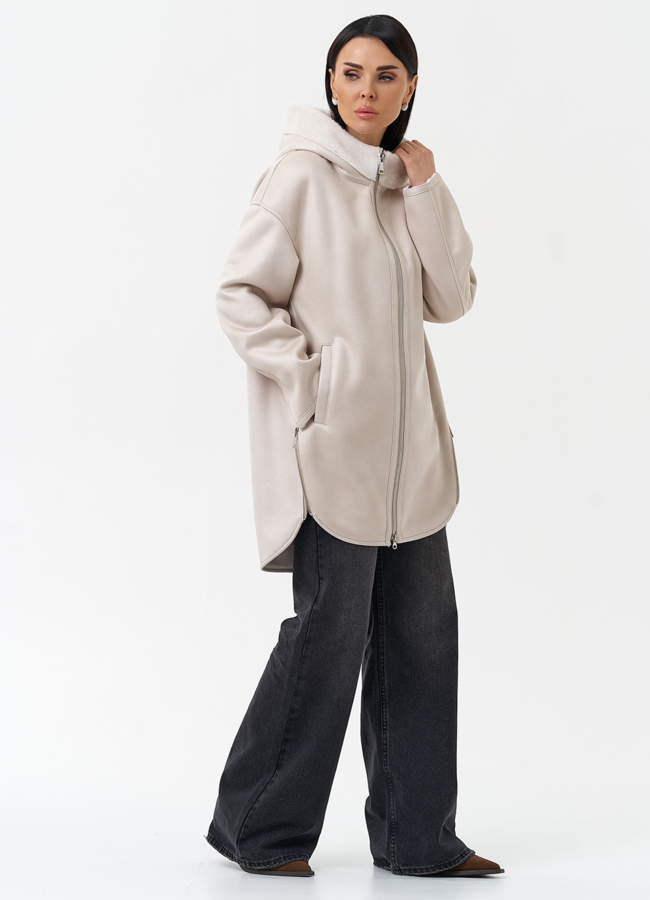 Женская дубленка из эко замши с капюшоном модель № 30205 в кредит