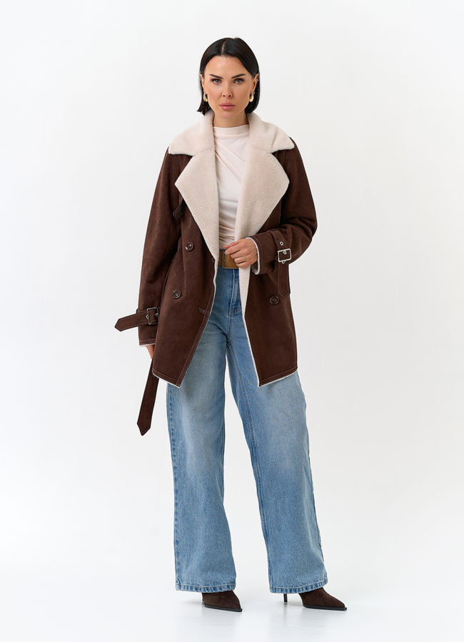 Женская дубленка из эко замши с английским воротником модель № 32786 универмаг малина