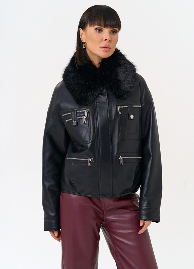 Женская утепленная куртка из эко кожи черного цвета модель № 30703 универмаг малина