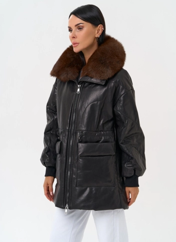 Полупальто из натуральной кожи с мехом песца