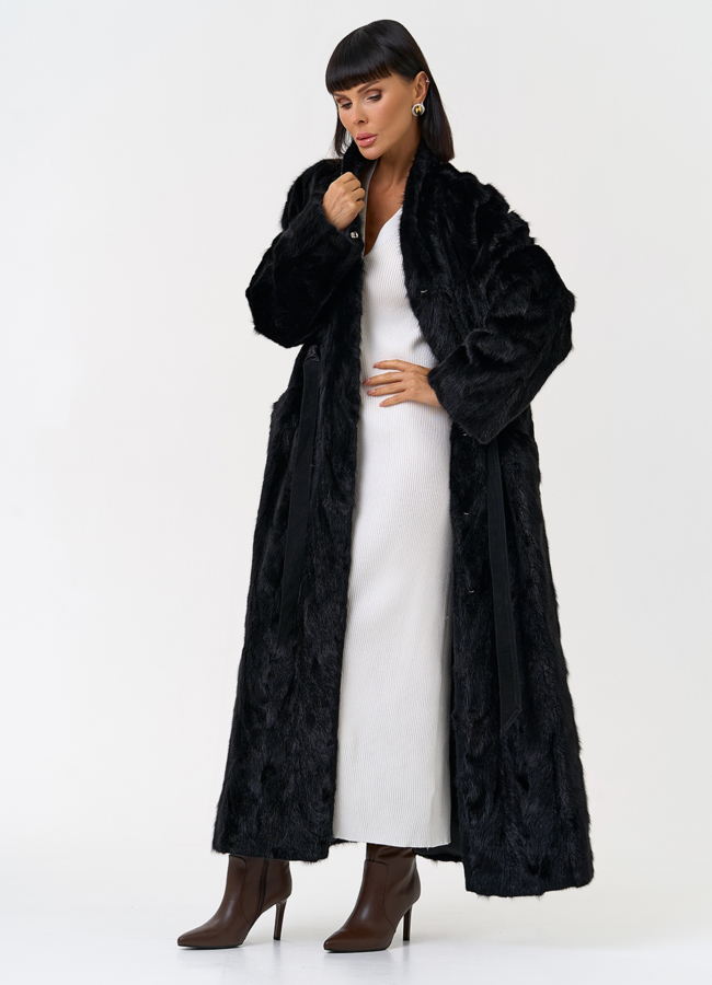 Длинная шуба из меха норки с поясом модель № 31294 универмаг малина