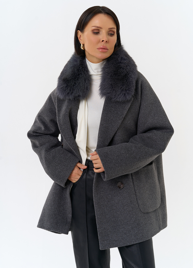 Женское утепленное пальто с отделкой из меха песца модель № 32003 универмаг малина