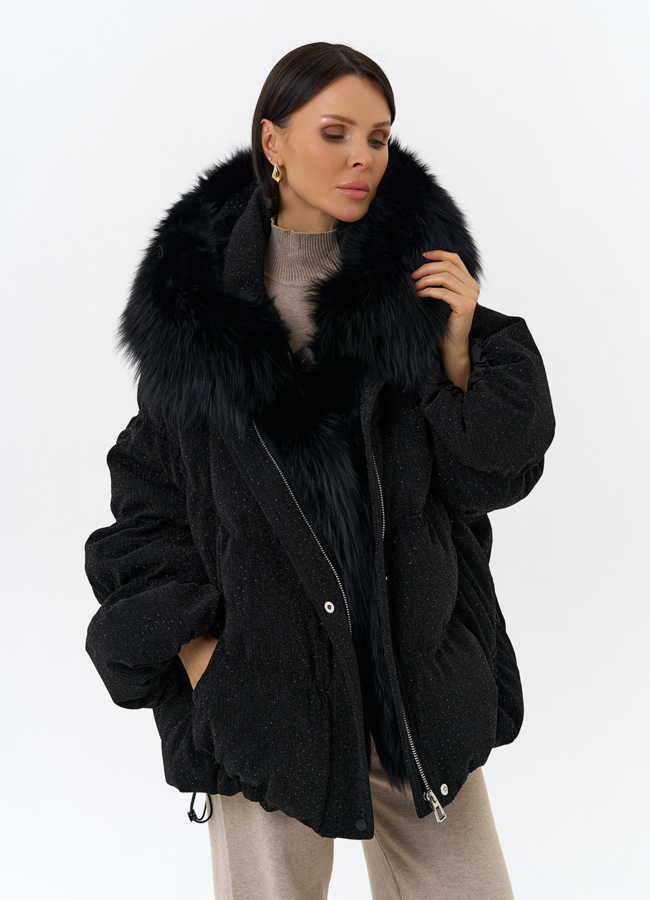 Женский блестящий пуховик с отделкой из меха чернобурки модель № 31816 универмаг малина