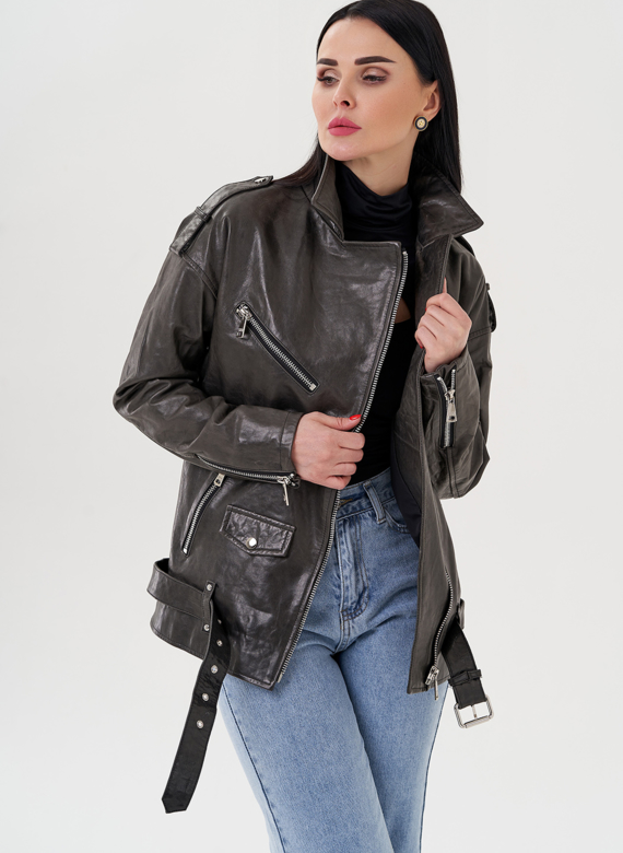 Длинная косуха из натуральной кожи серого цвета