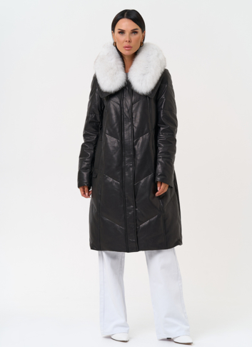 Длинный пуховик из натуральной кожи