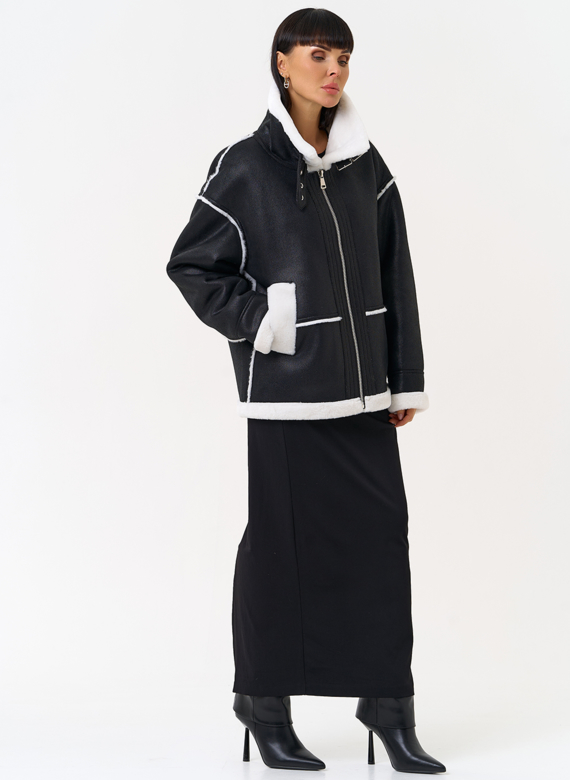 Женская дубленка из эко замши с воротником стойкой