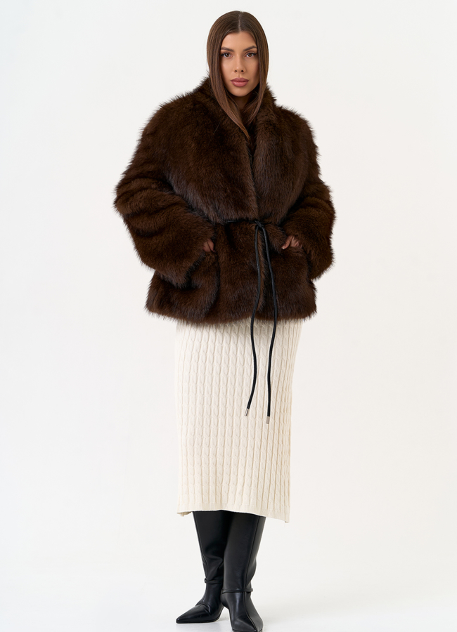Женская шуба из эко меха с поясом модель № 31501 в рассрочку