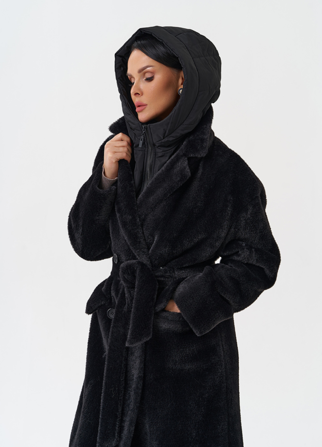 Женское ворсовое пальто с капюшоном модель № 28944 универмаг малина