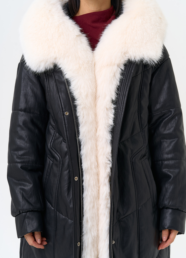 Женский пуховик из эко кожи со съемным эко мехом модель № 30718 универмаг малина